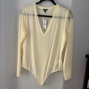 Express Pale Yellow Sheer V-Neck Long Sleeve Bodysuit